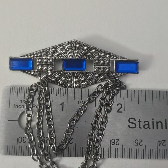 3/$20 Vintage Brooch Silver Tone Blue Rhinestones Drop Chains - Picture 7 of 8